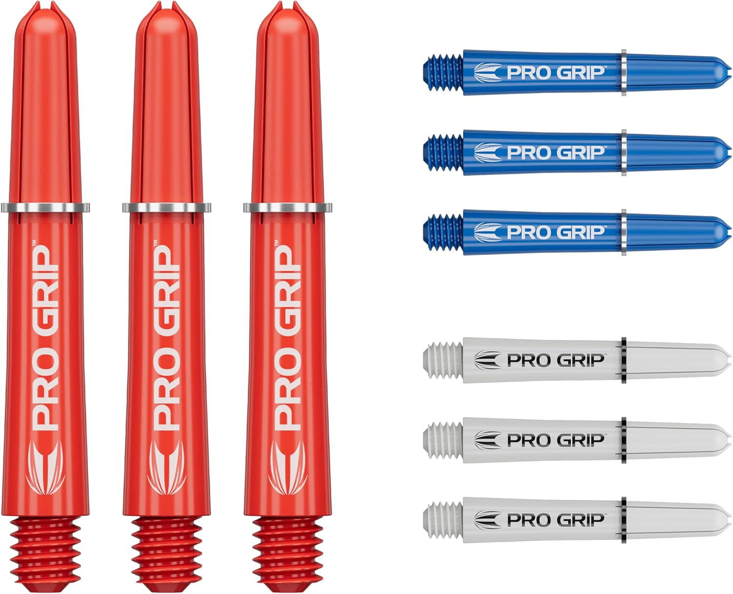 Pro Grip Shafts – Set of 9 | 3 Colours, Multicolour | 3 Size Options (Short, Intermediate, Medium) | Dart Stems, Professional Darts Accessories, 2BA Shaft Multipack with Rings