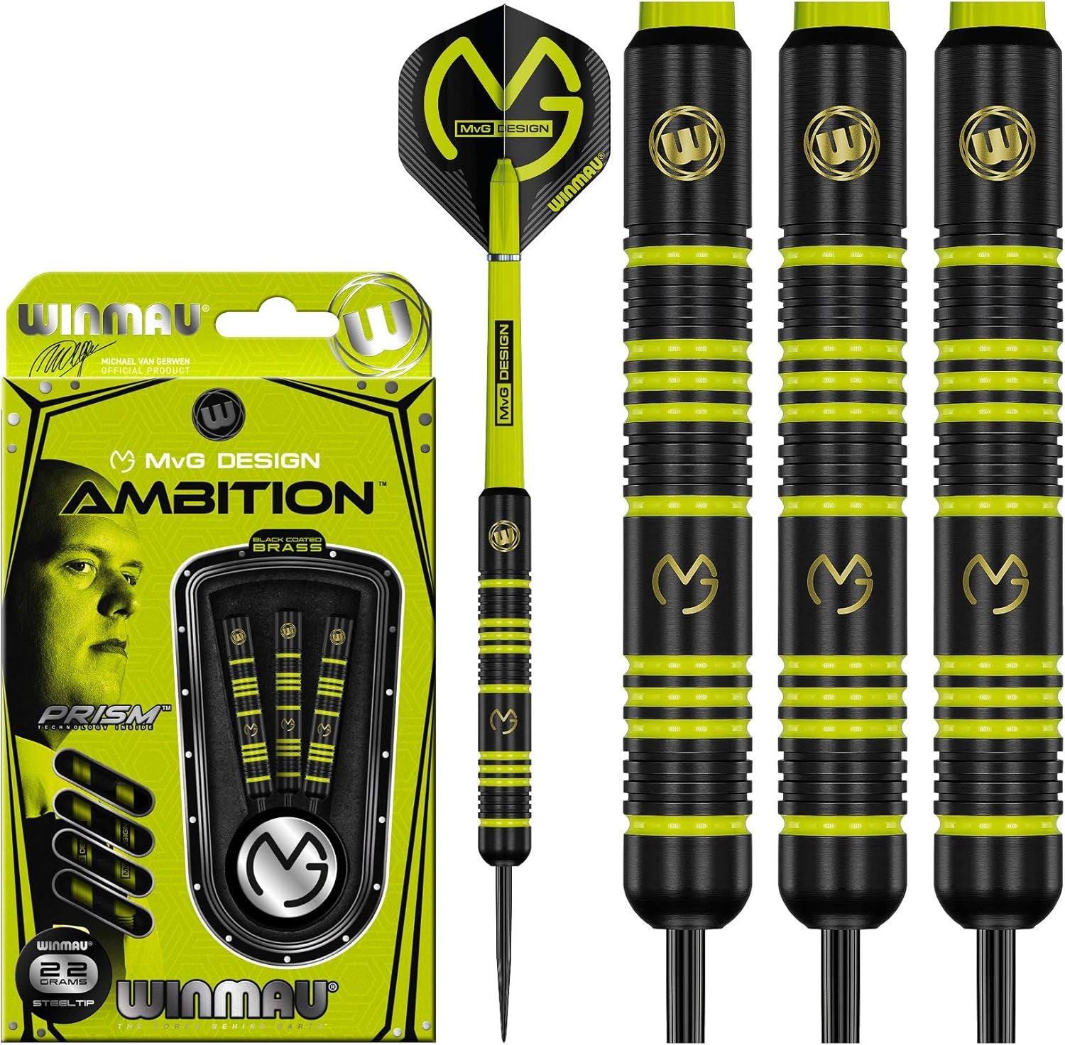Michael Van Gerwen MvG Ambition Professional Brass Darts Set with Flights and Shafts Available in Steeltip and Softip