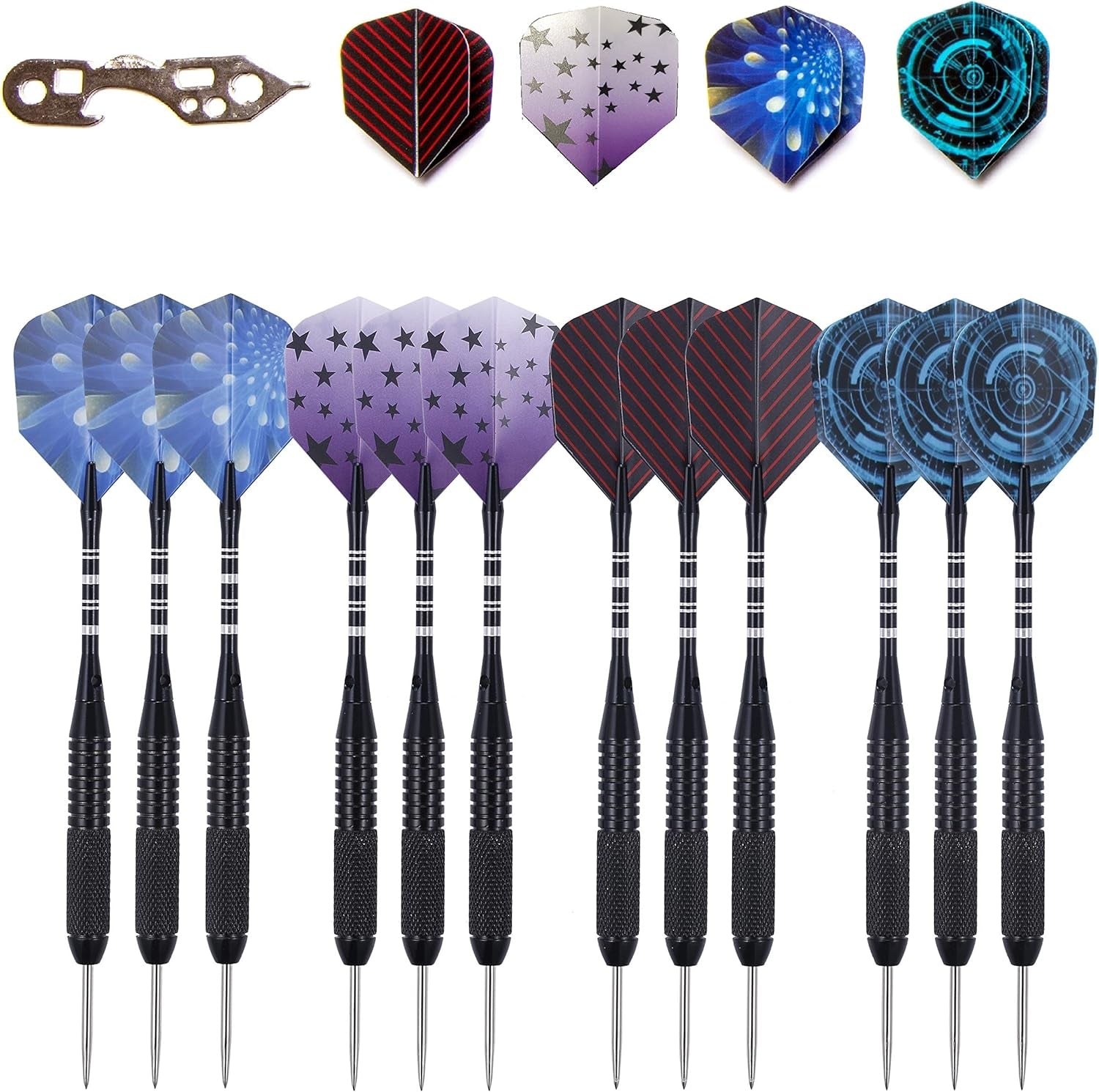 Professional Steel Tip Darts 12 PC Set | 12 PC Brass Barrels | 12 PC Aluminum Shafts 48mm | 16 PC Flights Standard Shape | 1 Multi-Purpose Dart Tool | 1 Carry Bottle
