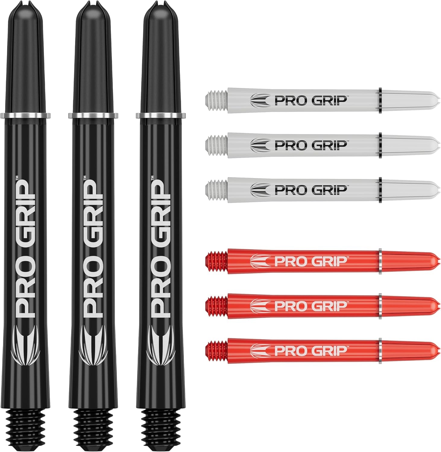 Pro Grip Shafts – Set of 9 | 3 Colours, Multicolour | 3 Size Options (Short, Intermediate, Medium) | Dart Stems, Professional Darts Accessories, 2BA Shaft Multipack with Rings