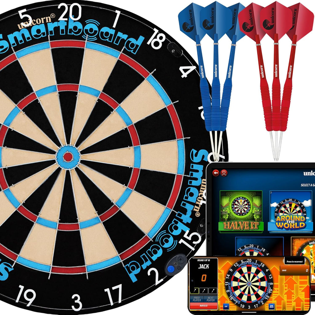Electronic Dartboard | Smartboard | Traditional Sisal Bristle | Connects to Bluetooth Scorebuddy App | includes 6 Steel Tip Darts