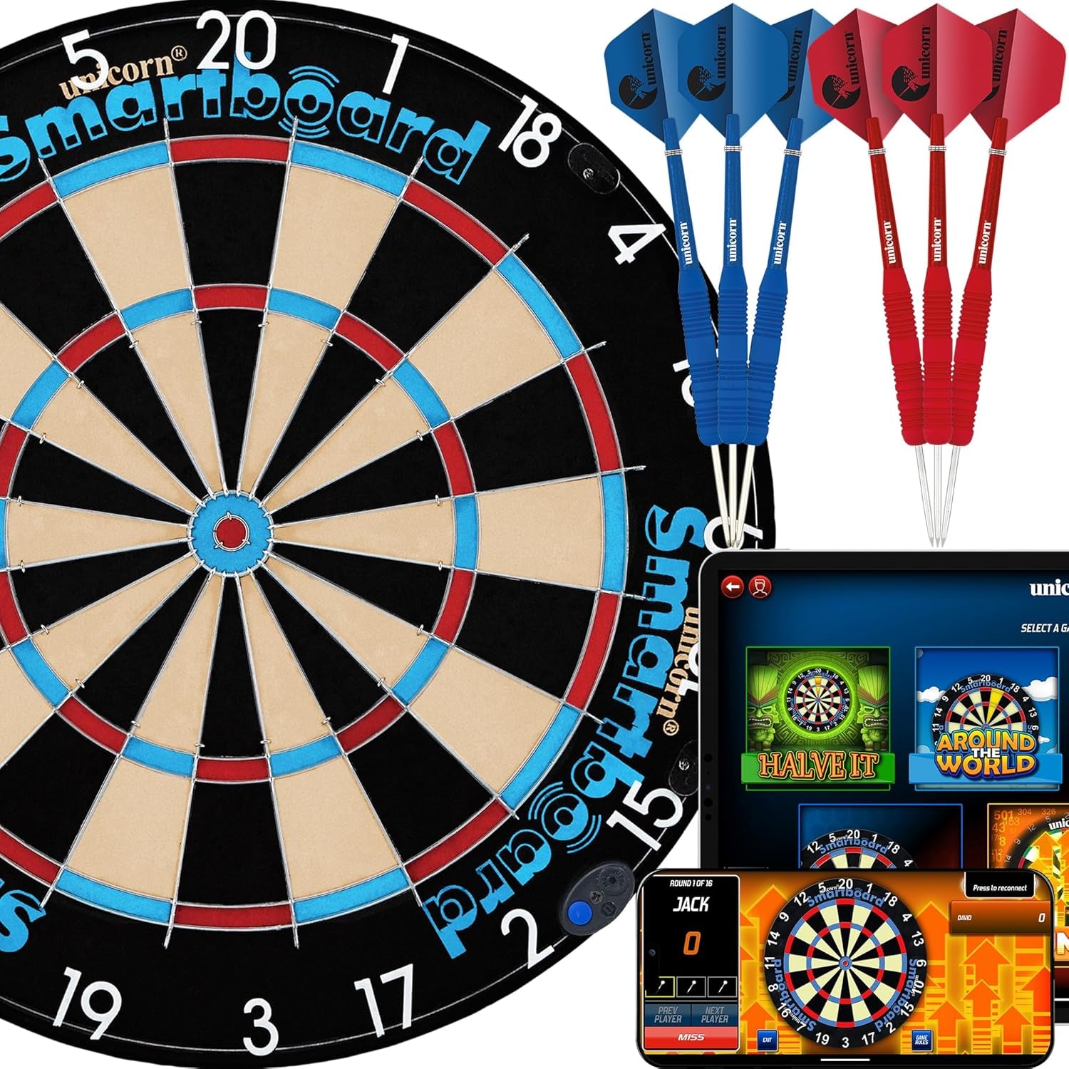 Electronic Dartboard | Smartboard | Traditional Sisal Bristle | Connects to Bluetooth Scorebuddy App | includes 6 Steel Tip Darts