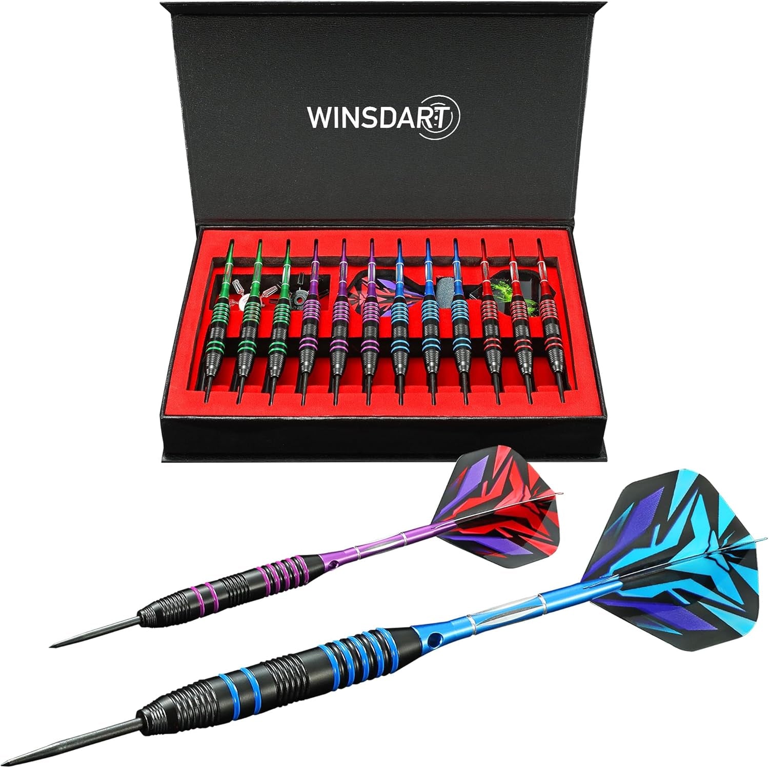 ADKX Steel Tip Darts 12 Pack Set with Nonslip Iron Barrel Aluminum Dart Shafts and Flights + Darts Sharpener + an Gift Box