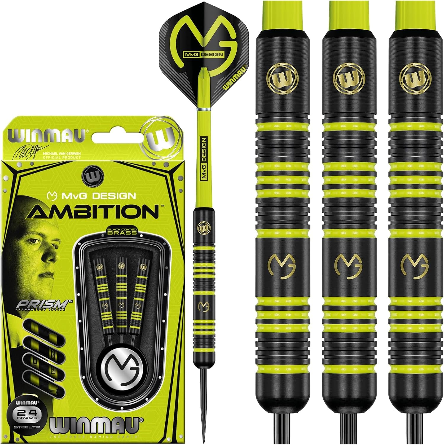 Michael Van Gerwen MvG Ambition Professional Brass Darts Set with Flights and Shafts Available in Steeltip and Softip