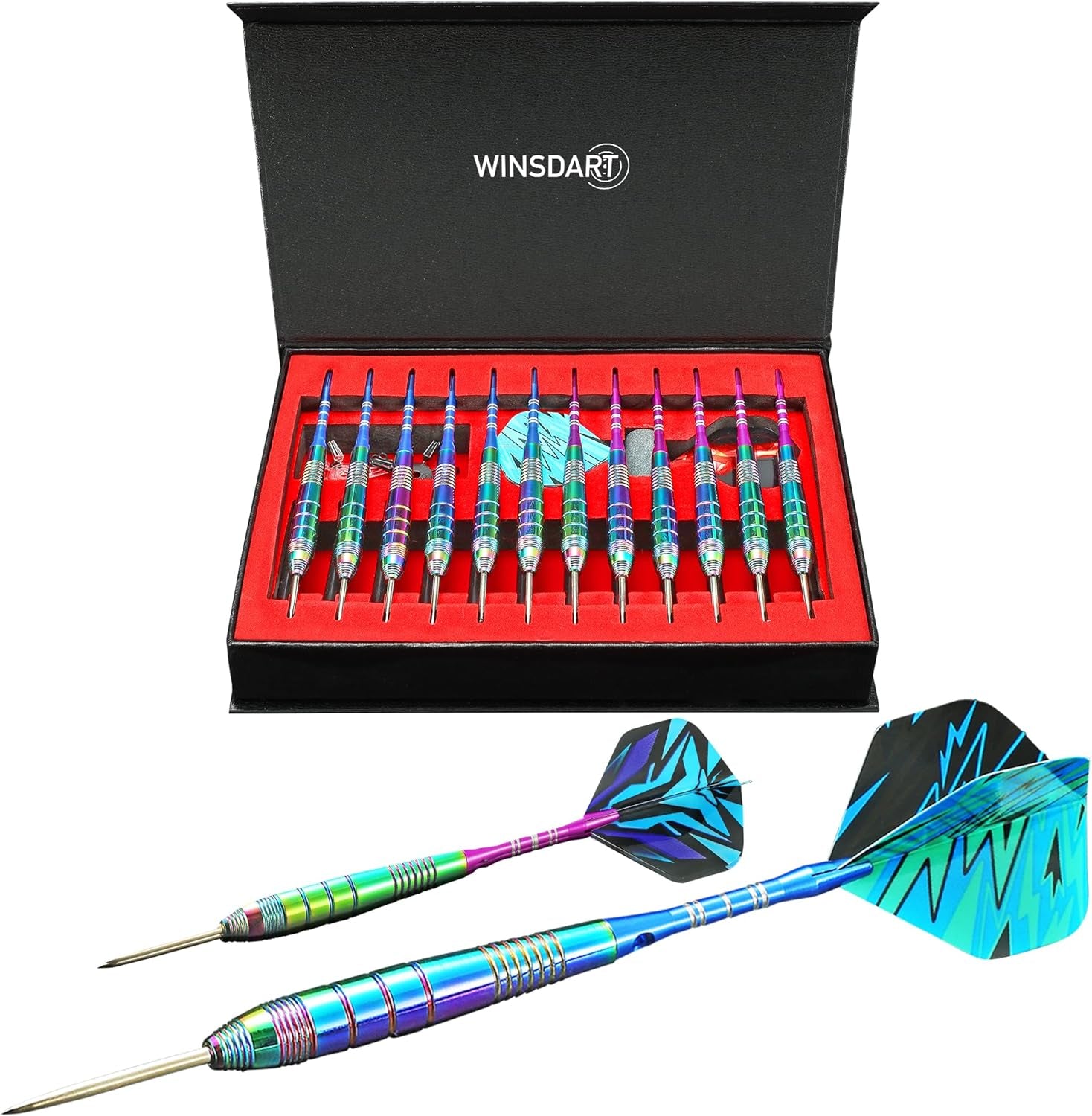 ADKX Steel Tip Darts 12 Pack Set with Nonslip Iron Barrel Aluminum Dart Shafts and Flights + Darts Sharpener + an Gift Box
