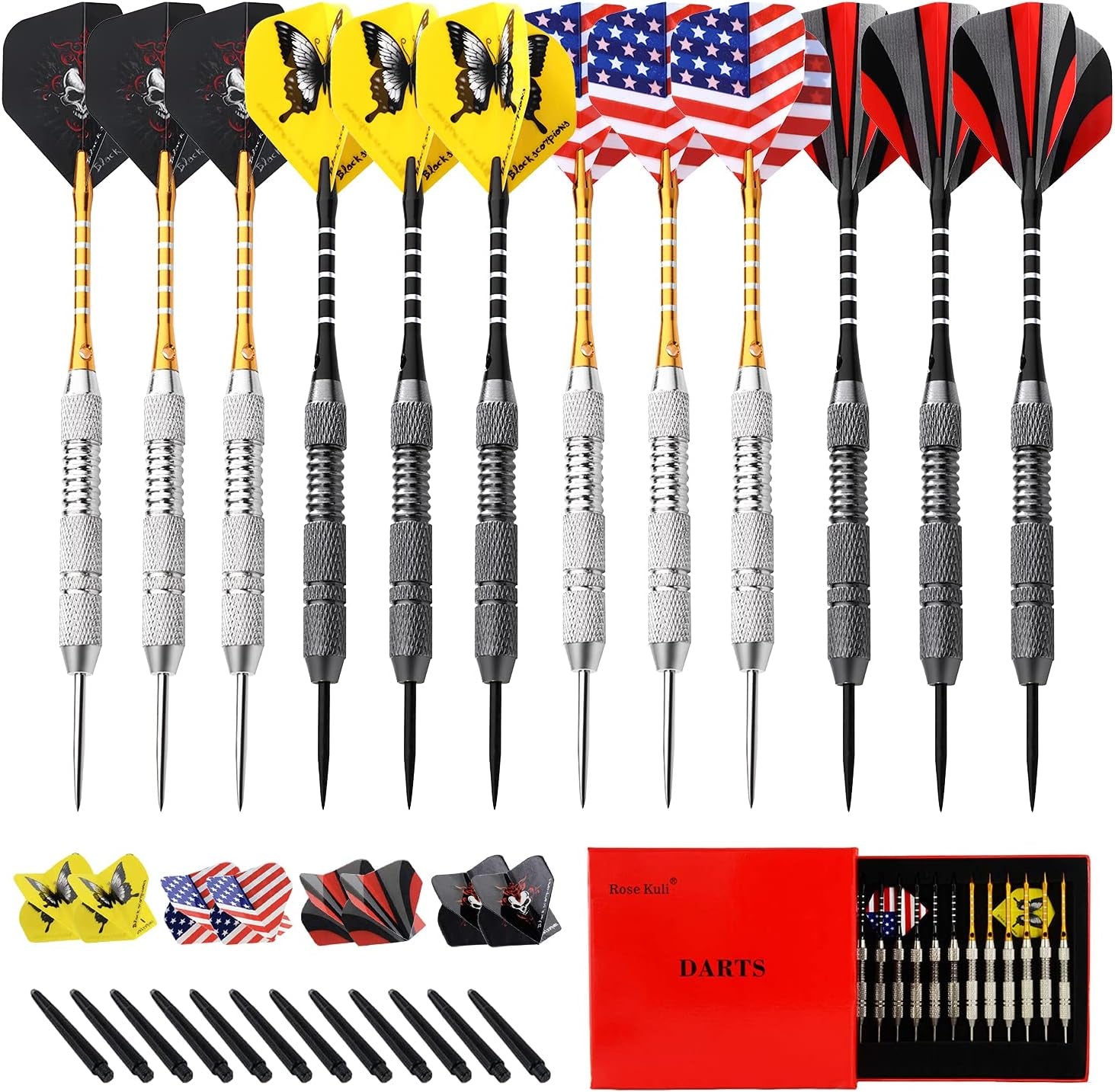 Steel Tip Darts Set, 12 Pack 24 Grams Professional Metal Dart Set with 20 Flights(4 style) + 12 Aluminium Shaft