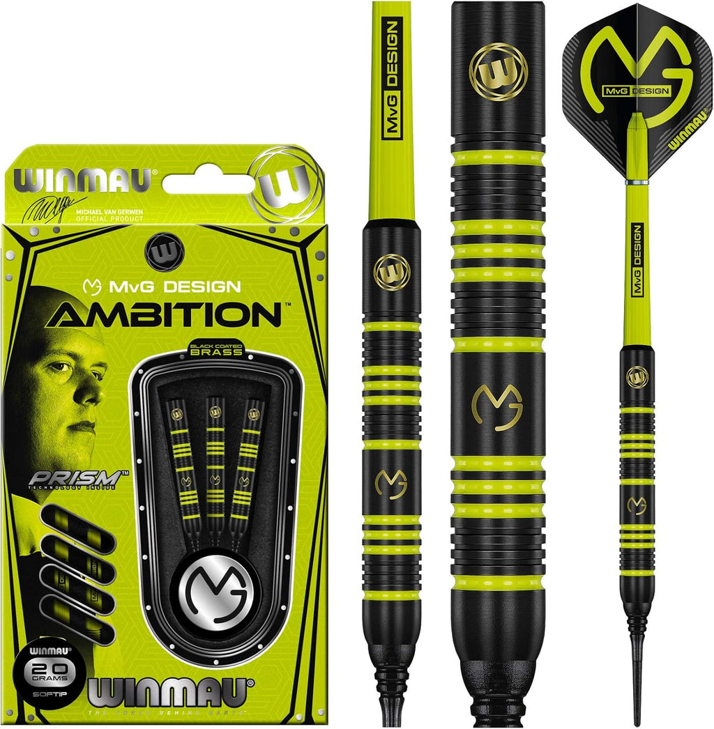 Michael Van Gerwen MvG Ambition Professional Brass Darts Set with Flights and Shafts Available in Steeltip and Softip