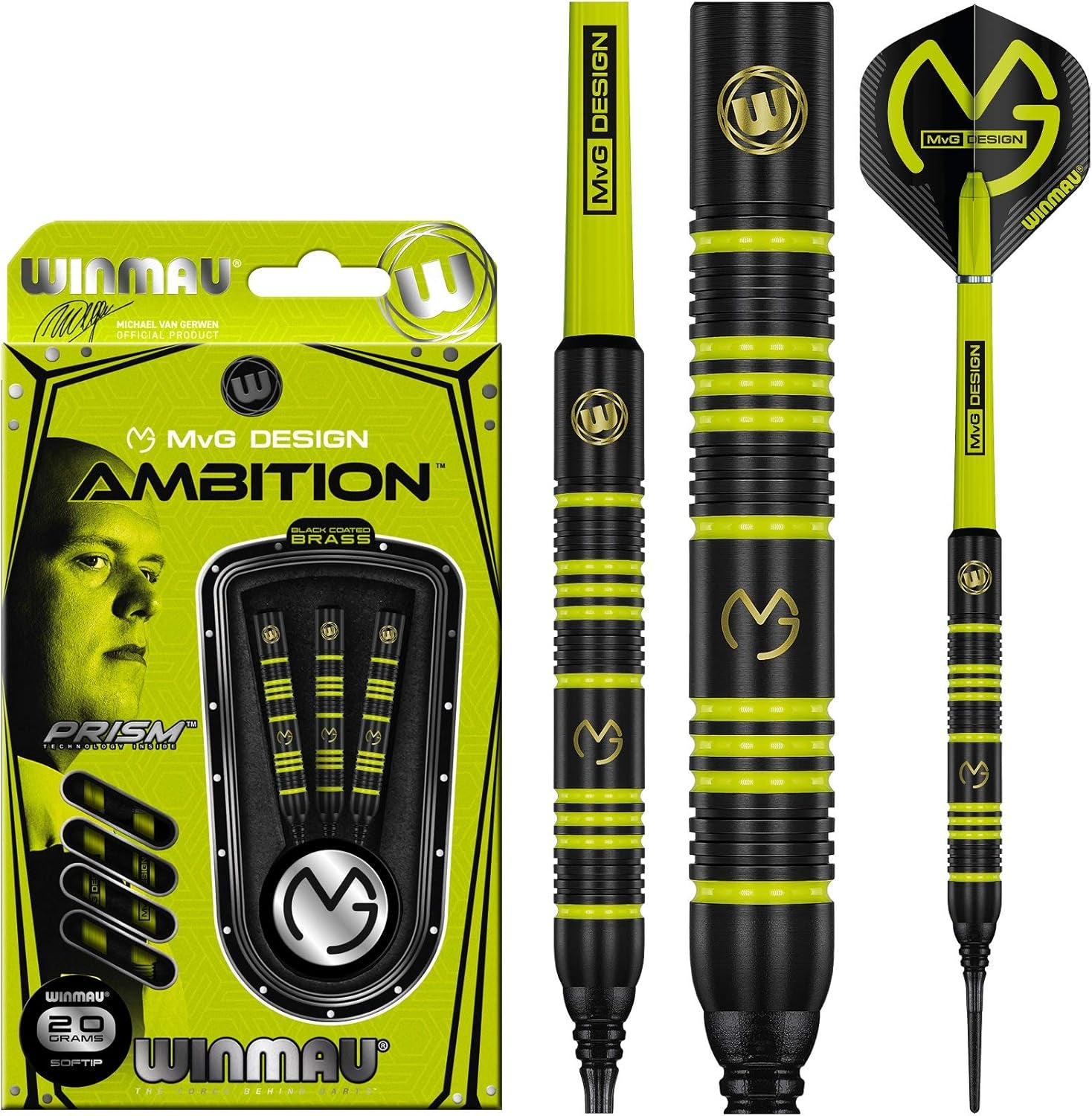 Michael Van Gerwen MvG Ambition Professional Brass Darts Set with Flights and Shafts Available in Steeltip and Softip