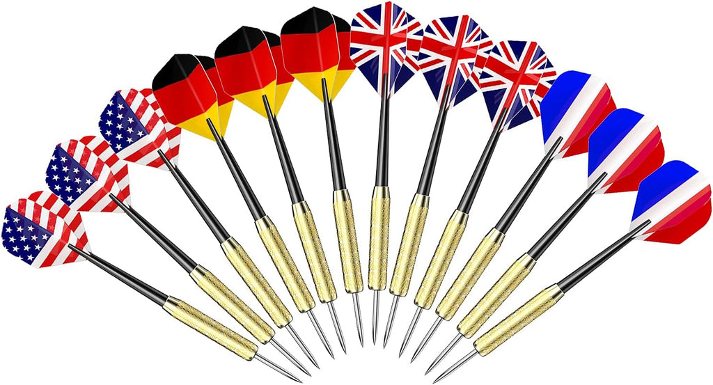 12 Pcs Steel Tip Darts, Professional 17g Metal Darts Set with 4 Style National Flag Flights and 3 Free PVC Darts Stems, Beginner or Professional Darts