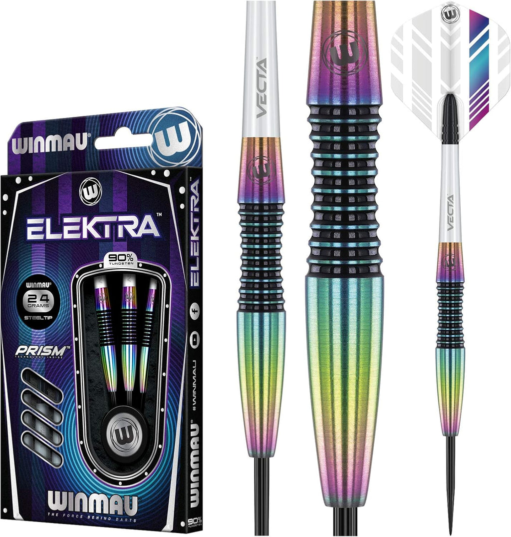 Elektra 90% Tungsten Darts with Prism Flights and Vecta Shafts (Stems) 22g-24g-26g weights available - Urban Grip - Match Weighed - Streamline Torpedo Profile