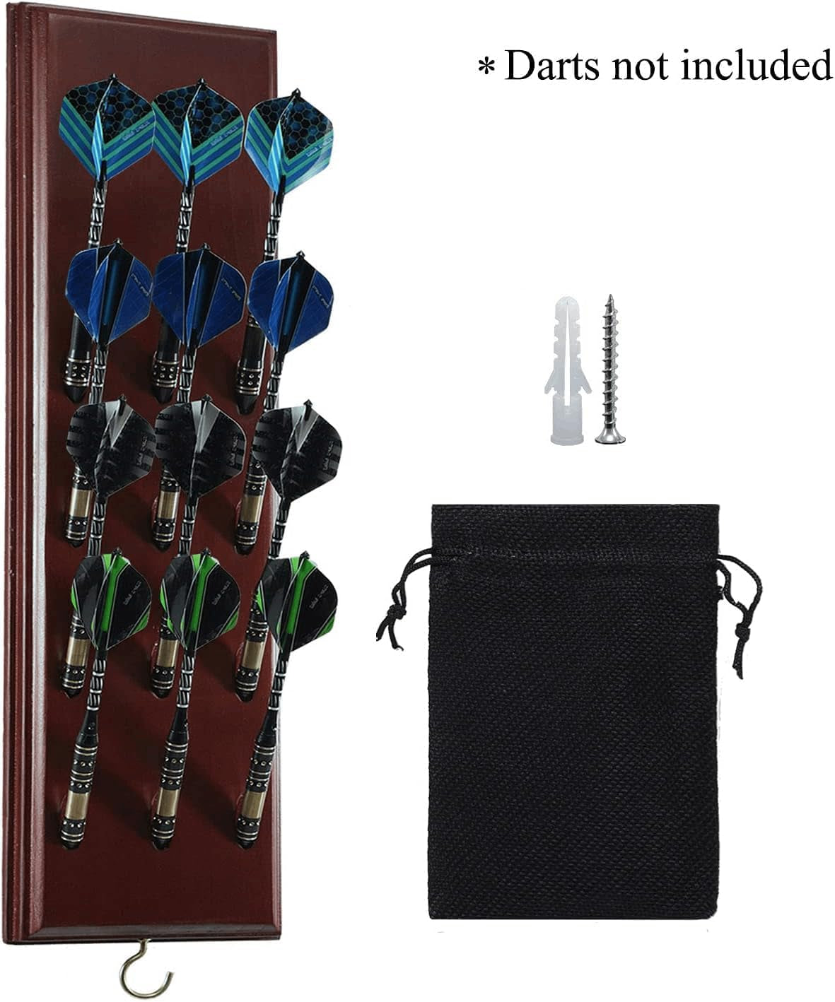 Darts Caddy Wall Mounted Darts Holder/Stand/with Metal Hook, Accessory Storage Bag, Displays 12 Set of Steel/Soft Tip Darts