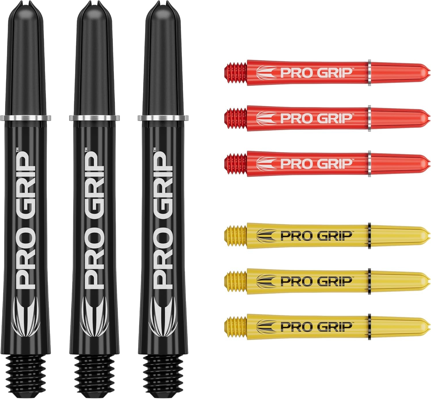Pro Grip Shafts – Set of 9 | 3 Colours, Multicolour | 3 Size Options (Short, Intermediate, Medium) | Dart Stems, Professional Darts Accessories, 2BA Shaft Multipack with Rings