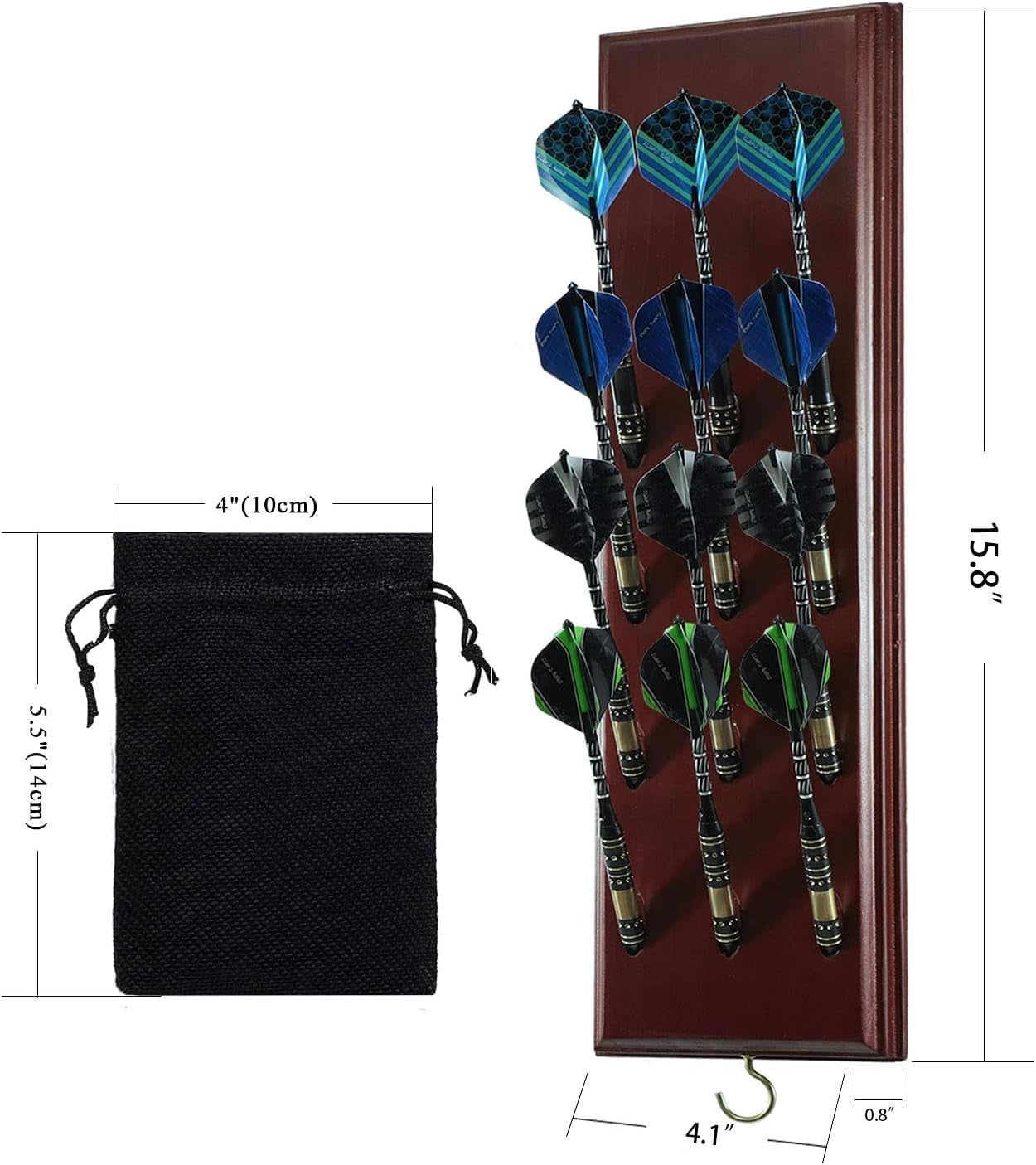 Darts Caddy Wall Mounted Darts Holder/Stand/with Metal Hook, Accessory Storage Bag, Displays 12 Set of Steel/Soft Tip Darts