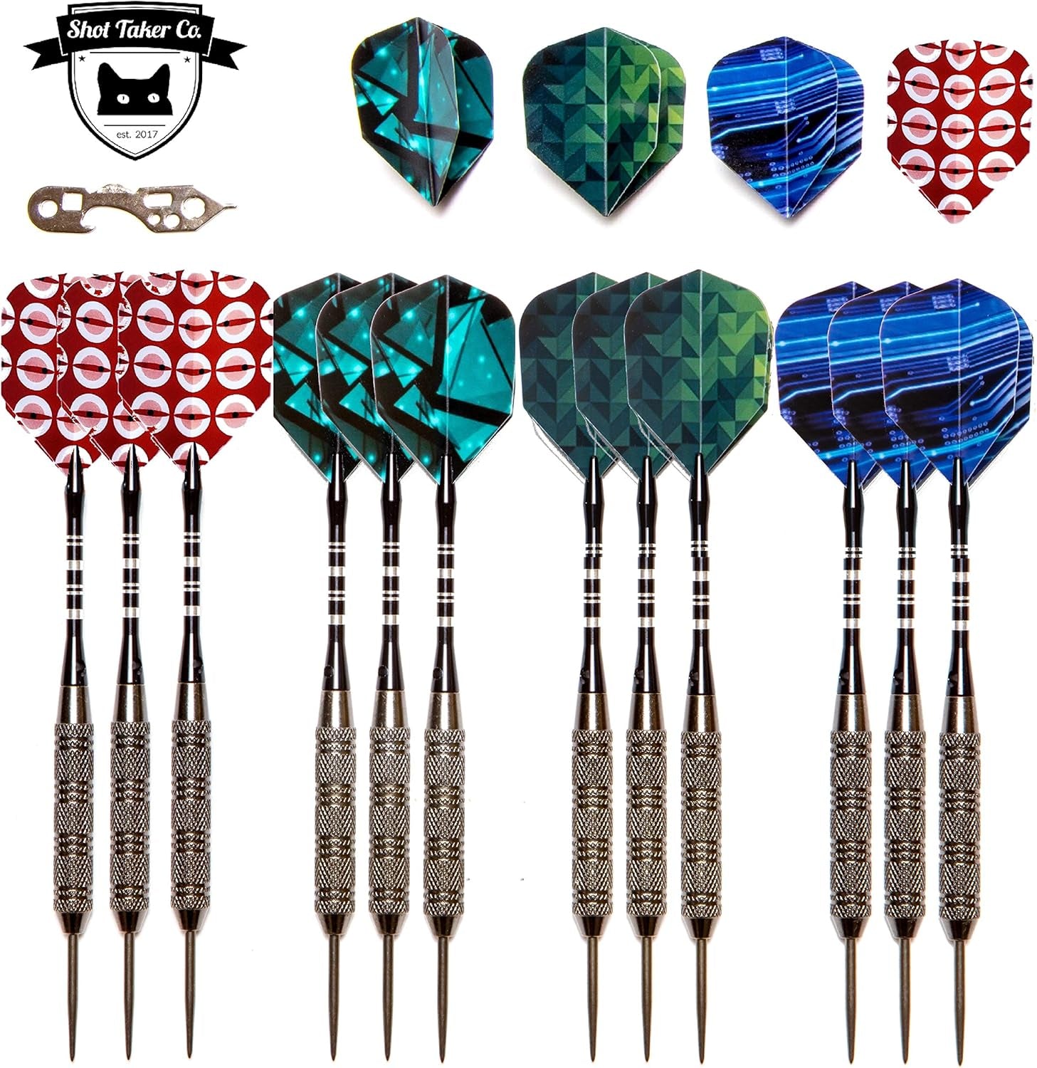Professional Steel Tip Darts 12 PC Set | 12 PC Brass Barrels | 12 PC Aluminum Shafts 48mm | 16 PC Flights Standard Shape | 1 Multi-Purpose Dart Tool | 1 Carry Bottle