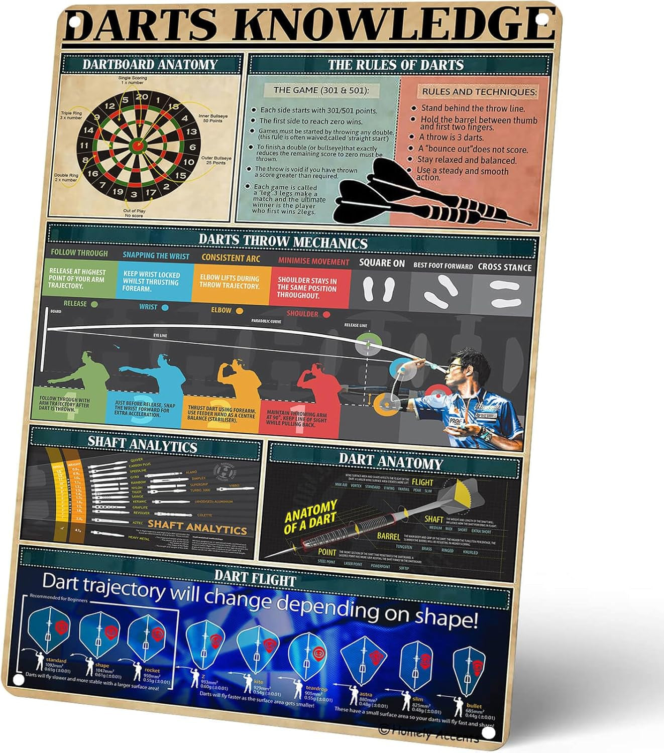 Darts Knowledge Poster, Dartboard Mechanics & Rules Vintage Metal Tin Signs, Wall Art Decor for Game Room Bar Man Cave Gift for Men 16x12 Inches