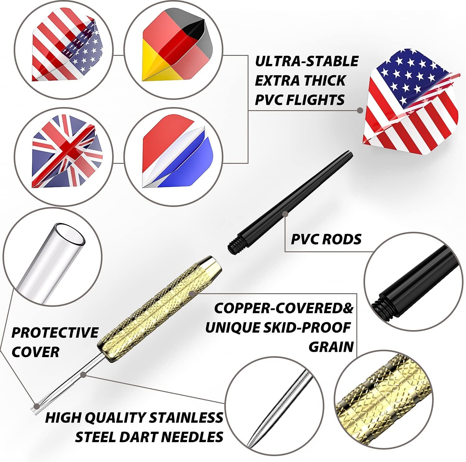 12 Pcs Steel Tip Darts, Professional 17g Metal Darts Set with 4 Style National Flag Flights and 3 Free PVC Darts Stems, Beginner or Professional Darts