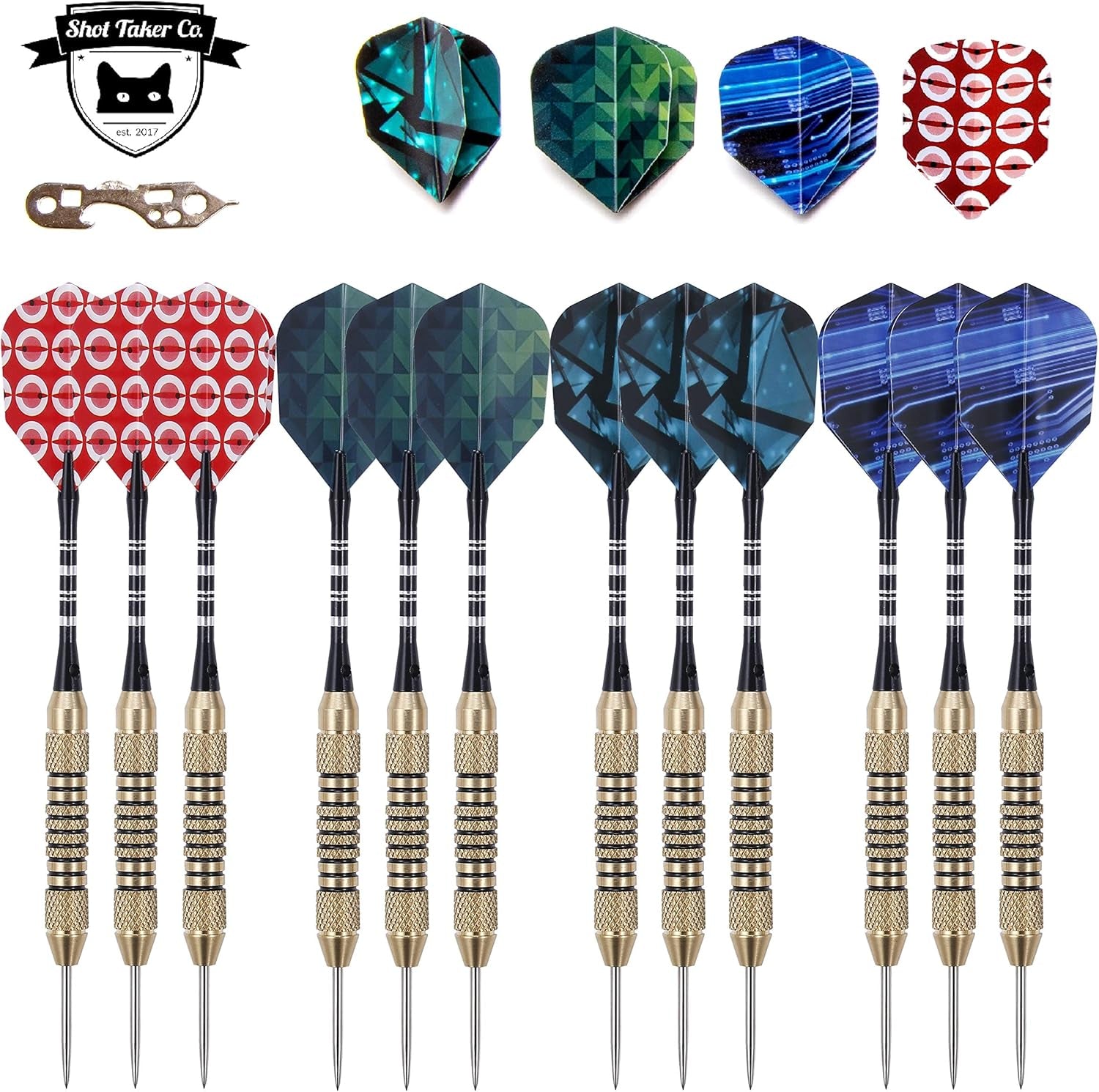 Professional Steel Tip Darts 12 PC Set | 12 PC Brass Barrels | 12 PC Aluminum Shafts 48mm | 16 PC Flights Standard Shape | 1 Multi-Purpose Dart Tool | 1 Carry Bottle