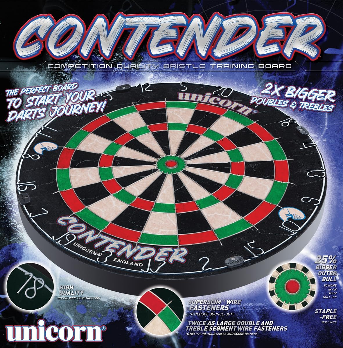 Easy Score Dartboard Darts Board | Contender Fun Learning Beginner Trainer | 2 x Bigger Trebles & Doubles | Competition Quality Sisal Bristle Board | Round Wire Spider