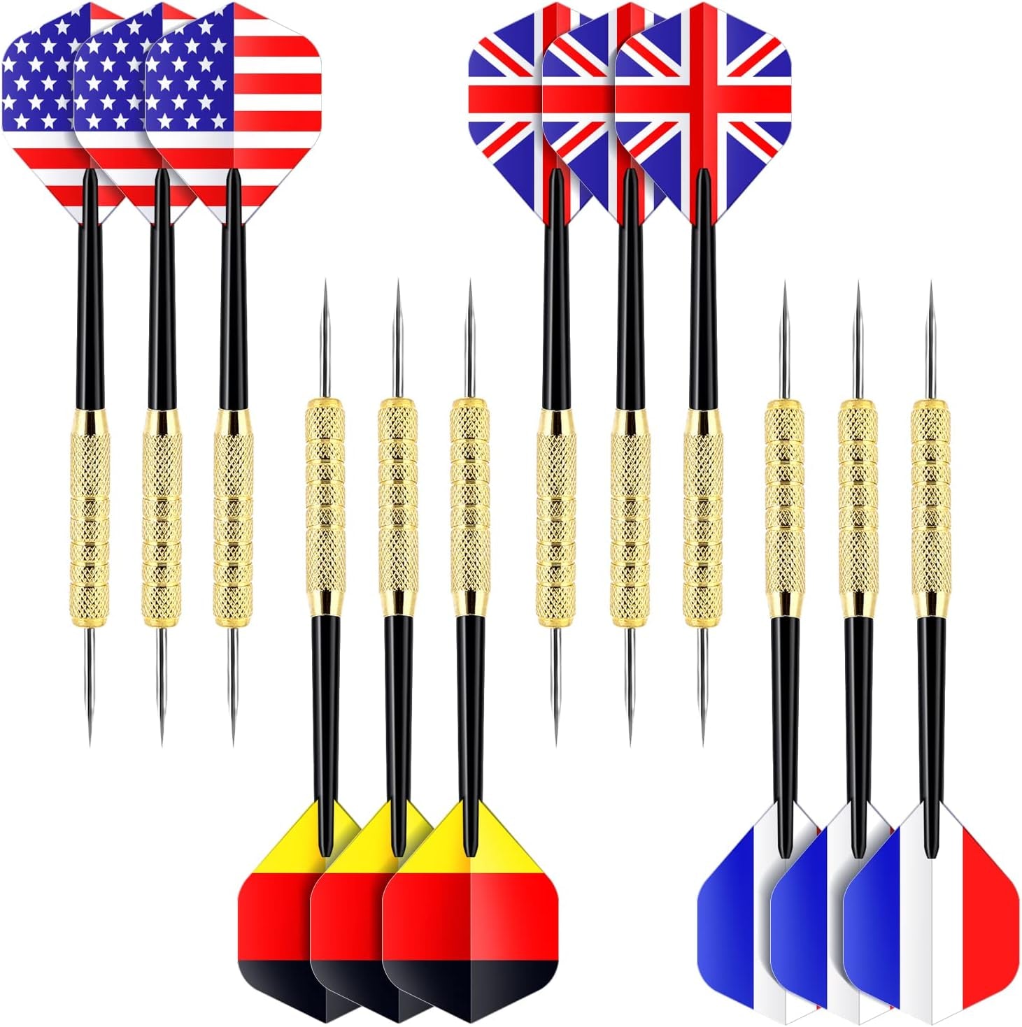 12 Pcs Steel Tip Darts, Professional 17g Metal Darts Set with 4 Style National Flag Flights and 3 Free PVC Darts Stems, Beginner or Professional Darts