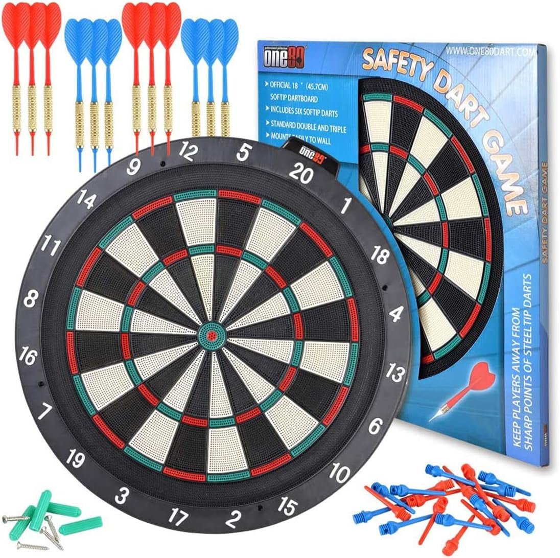 Soft tip Dartboard – 18” Safety Plastic Board with 12 Soft tip Darts and Extra 20 Soft Tips, mounting Kits Also Included