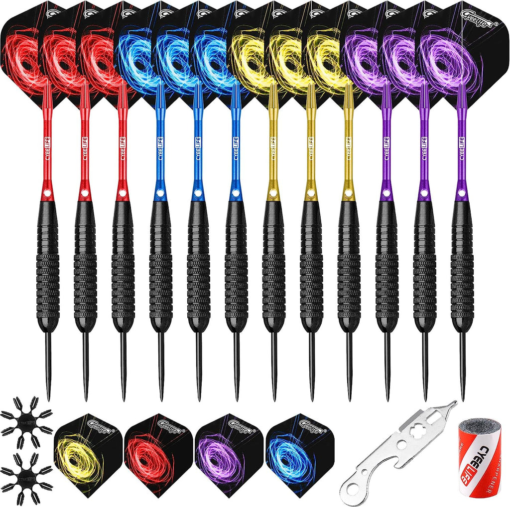 Steel tip Darts set 22/28g with Aluminium Shafts, 16 Protectors, Flights, Sharpener and Tool,12pcs For Beginner