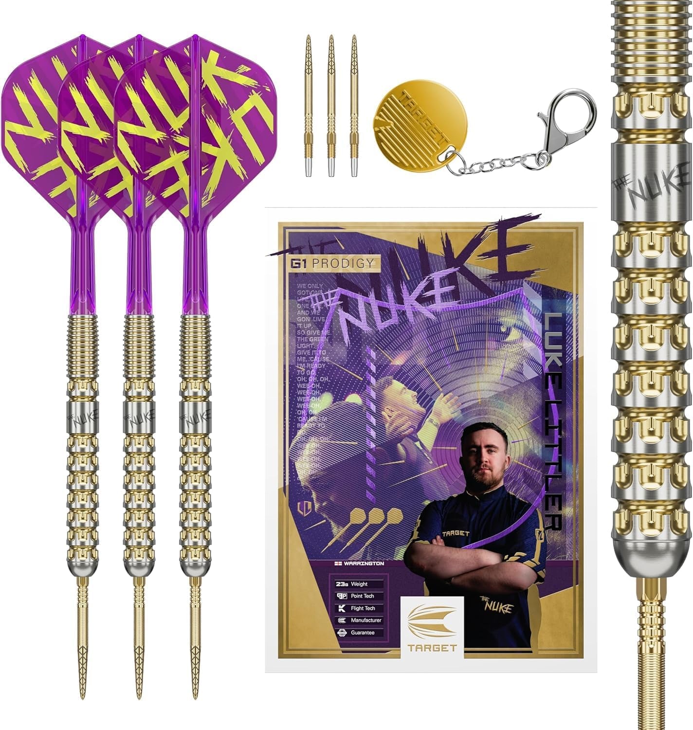 Luke Littler Gen 1 Prodigy Steel Tip Swiss Point Darts, 90% Tungsten Darts, 22G/23G/24G | Generation 1 Gold Steel Tip Darts, G1 Player Edition Swiss Points Dart Sets, Flights and Shafts