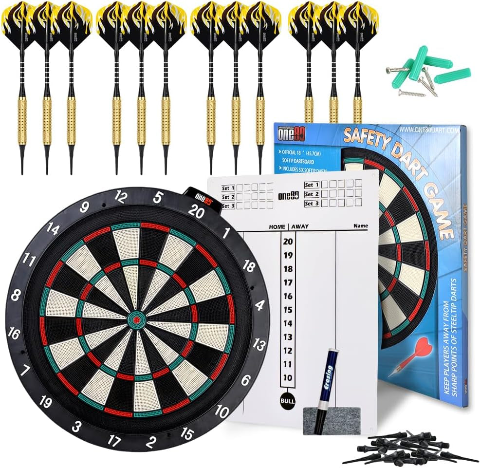 Soft tip Dartboard – 18” Safety Plastic Board with 12 Soft tip Darts and Extra 20 Soft Tips, mounting Kits Also Included
