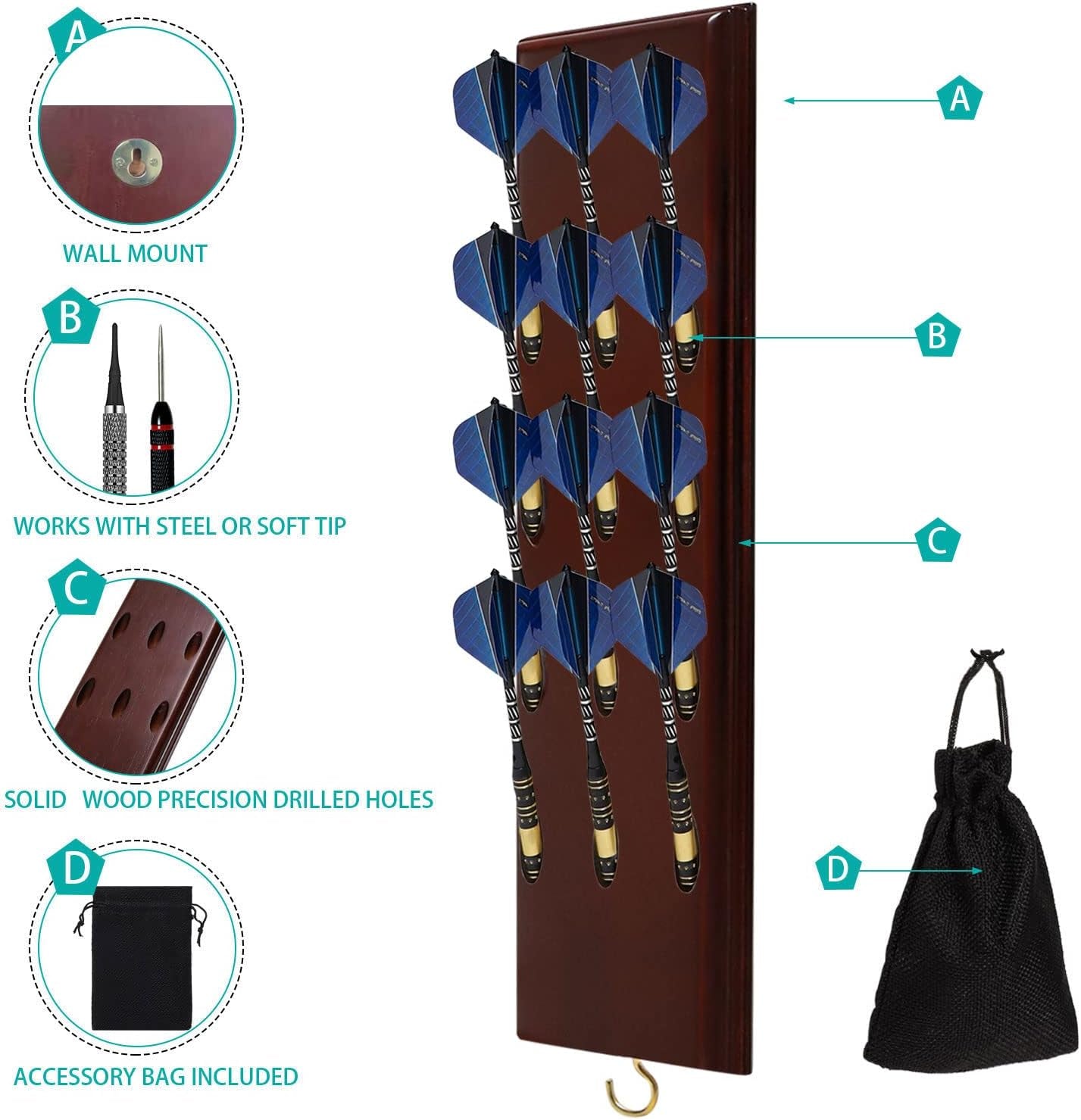 Darts Caddy Wall Mounted Darts Holder/Stand/with Metal Hook, Accessory Storage Bag, Displays 12 Set of Steel/Soft Tip Darts