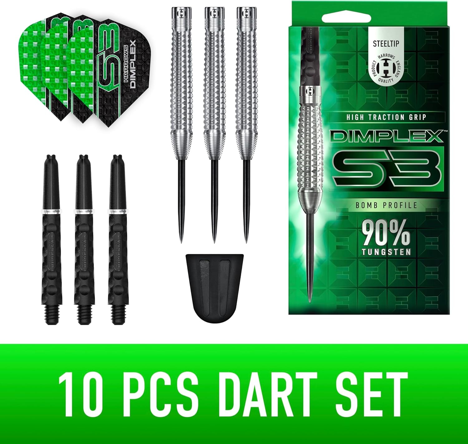 Dimplex Bomb & Tapered Darts Set I Professional Darts 90% Tungsten Steel Tip ALL Weights I 10pc Set with Black Dimplex Midi Shafts & Dimplex Flights