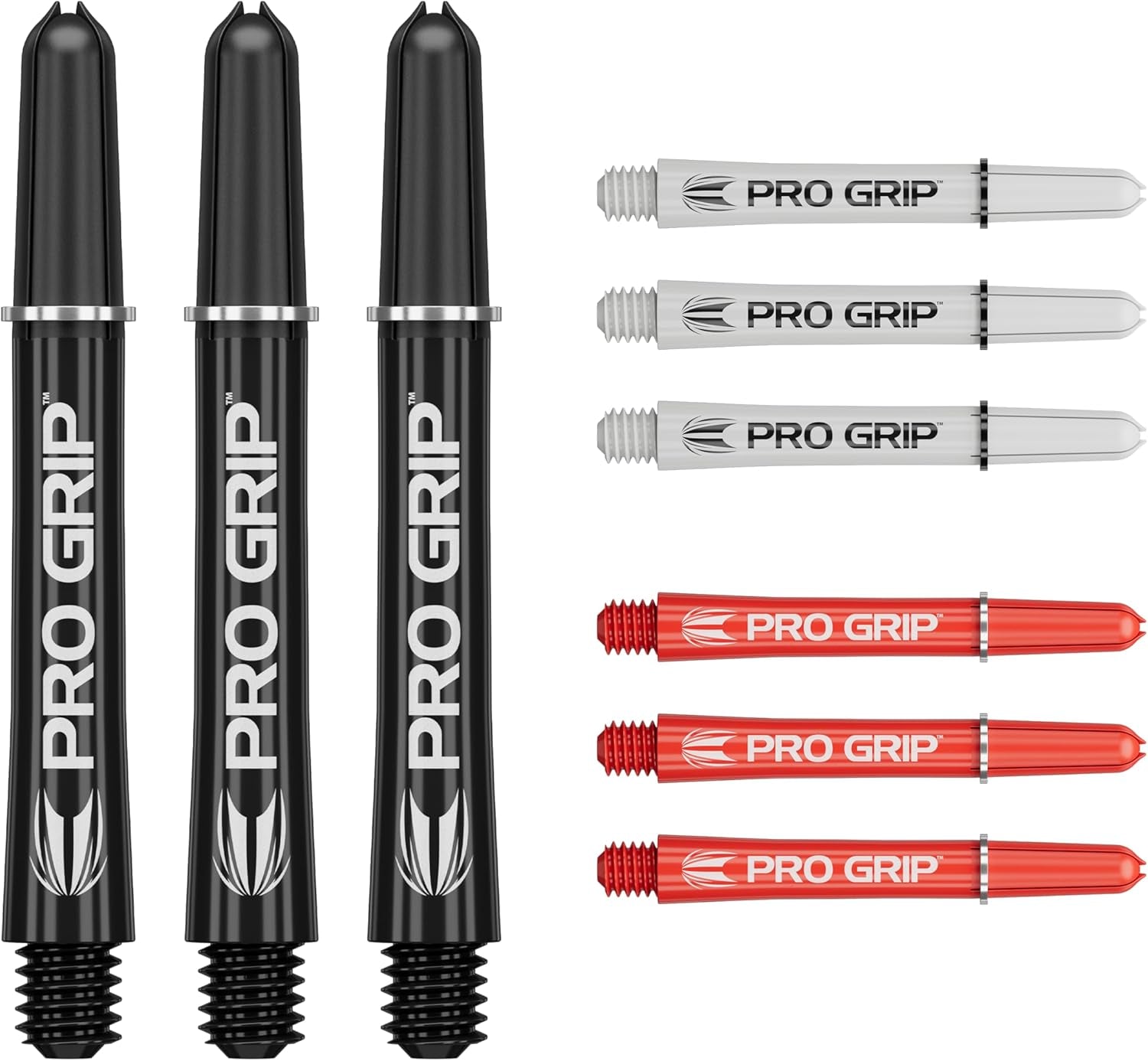 Pro Grip Shafts – Set of 9 | 3 Colours, Multicolour | 3 Size Options (Short, Intermediate, Medium) | Dart Stems, Professional Darts Accessories, 2BA Shaft Multipack with Rings