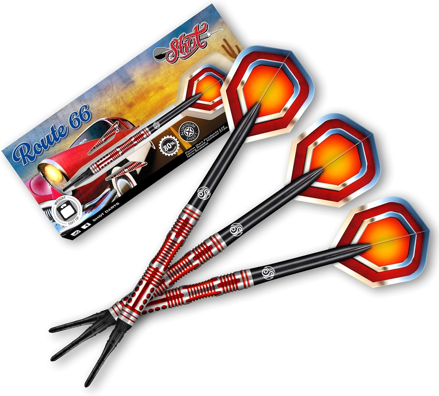 Americana Route 66 Soft Tip Dart Set 80% Tungsten Pro Throwing Darts Soft Tip Set Professional – Made in New Zealand – Designed Dart Flights for Women & Men – Plastic Tip Bar Darts for Adults