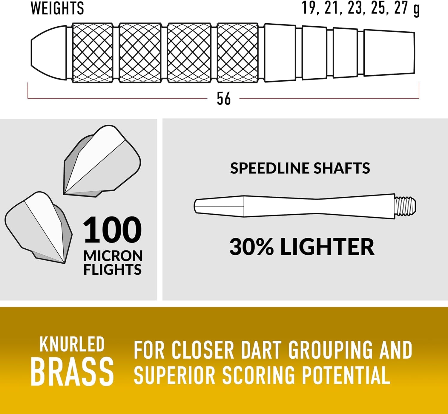 Voodoo Brass Steel Tip Darts Set 19g, 21g, 23g, 25g & 27g - Professional Darts Set - Includes Speedline shafts, Marathon Gold Flights & Travel Case