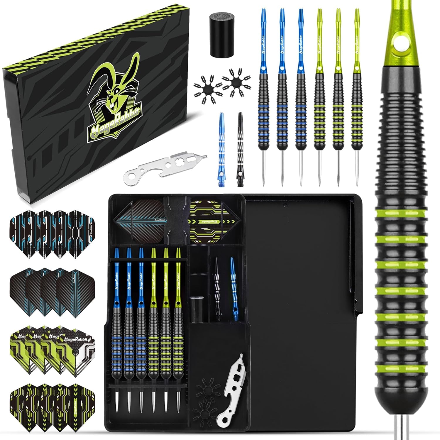 Steel Tip Darts Set 6Pack 22gams,Metal darts with 16pcs dart Flights+8pcs darts shafts+1pcs dart sharpener+2pcs Dart flights protector,Steel Darts Kit