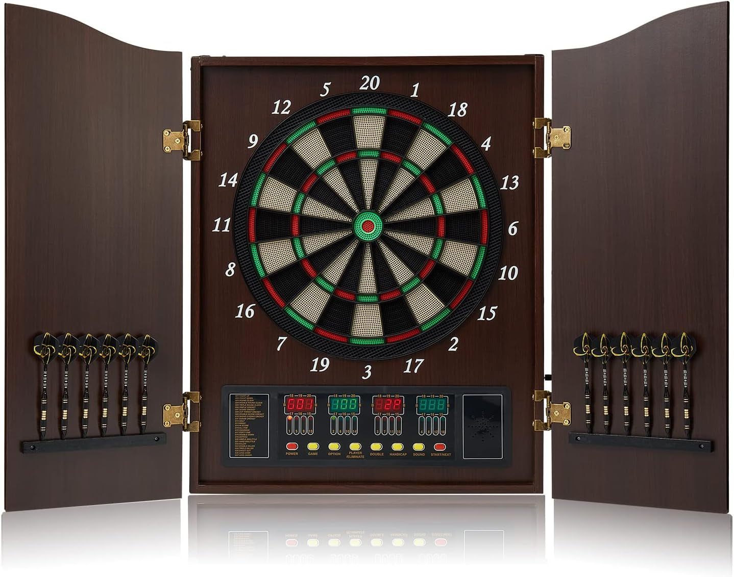 Decorative Dart Board Cabinet Set with Electronic Dart Board, 12 Soft Tip Darts, Wooden Cabinet Doors with Integrated Scoreboard, Apricot