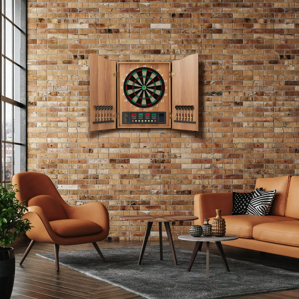 Decorative Dart Board Cabinet Set with Electronic Dart Board, 12 Soft Tip Darts, Wooden Cabinet Doors with Integrated Scoreboard, Apricot