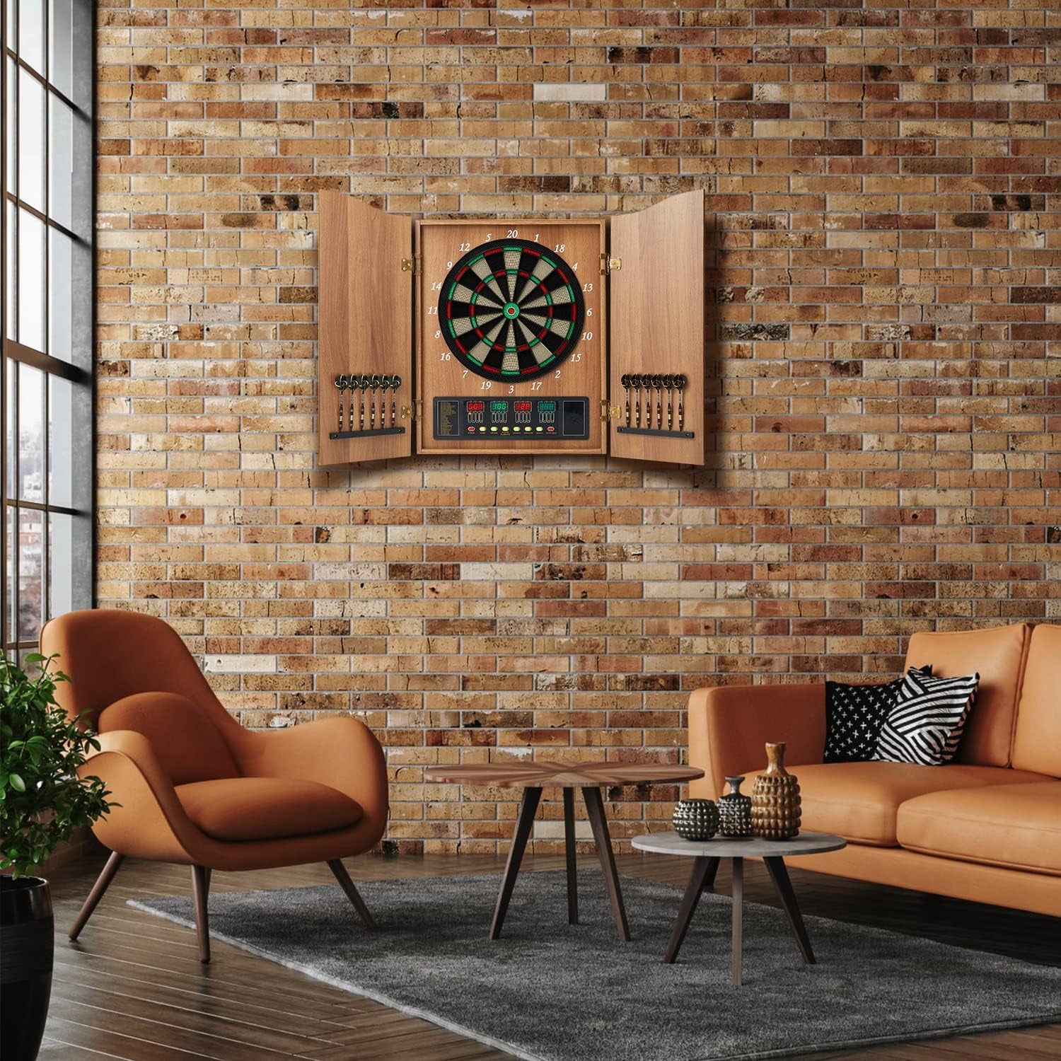 Decorative Dart Board Cabinet Set with Electronic Dart Board, 12 Soft Tip Darts, Wooden Cabinet Doors with Integrated Scoreboard, Apricot