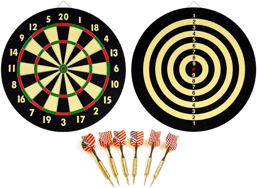 NEW DART BOARD + 6 BRASS DARTS FLAG CHECKERS 16.5 inch by
