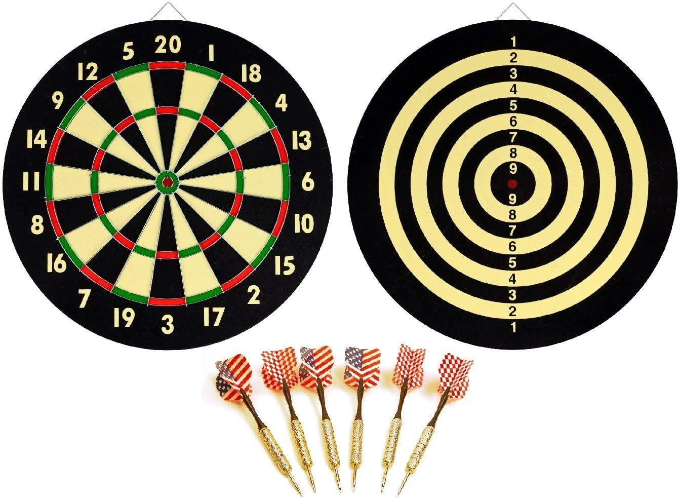 NEW DART BOARD + 6 BRASS DARTS FLAG CHECKERS 16.5 inch by