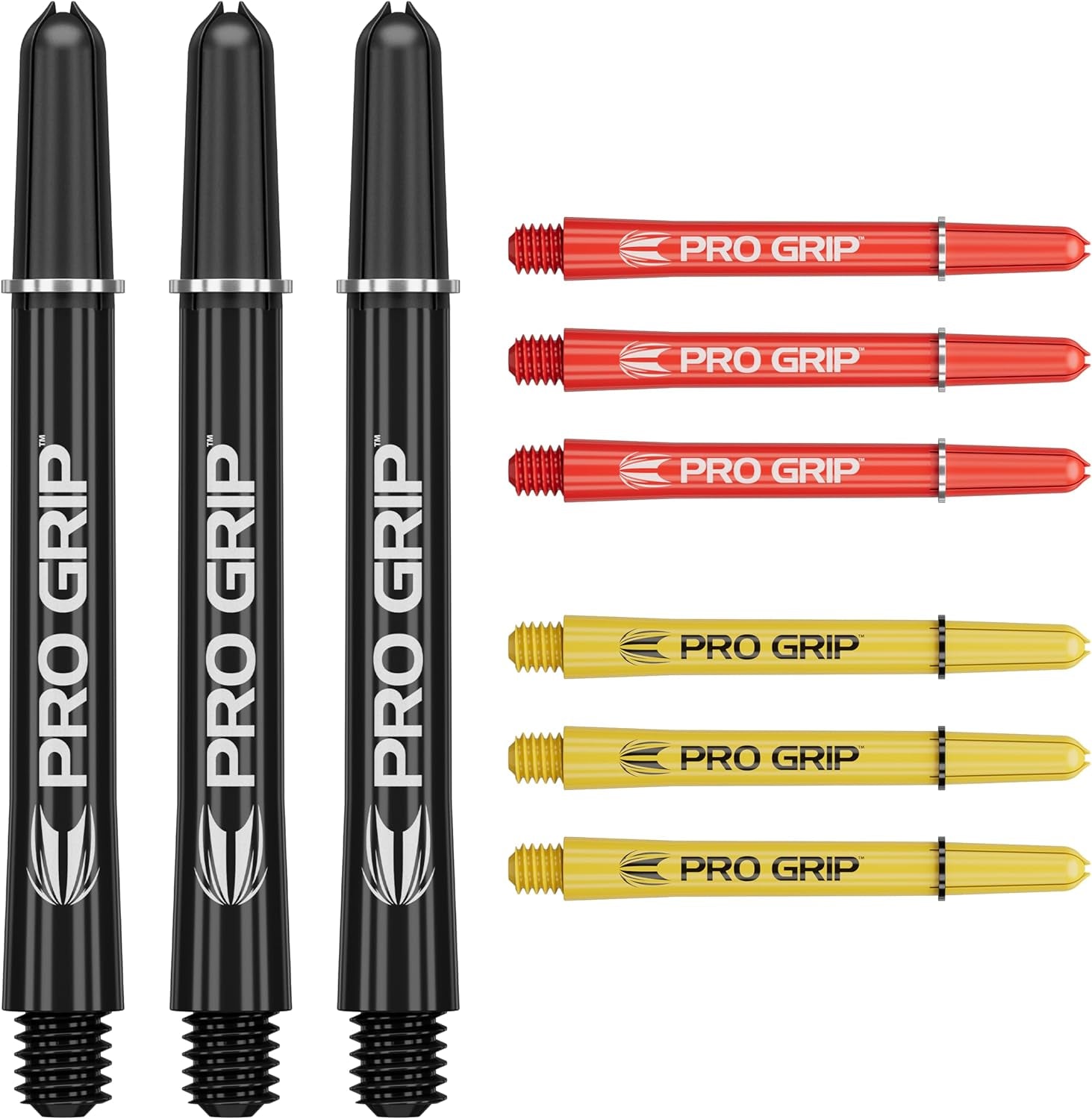 Pro Grip Shafts – Set of 9 | 3 Colours, Multicolour | 3 Size Options (Short, Intermediate, Medium) | Dart Stems, Professional Darts Accessories, 2BA Shaft Multipack with Rings