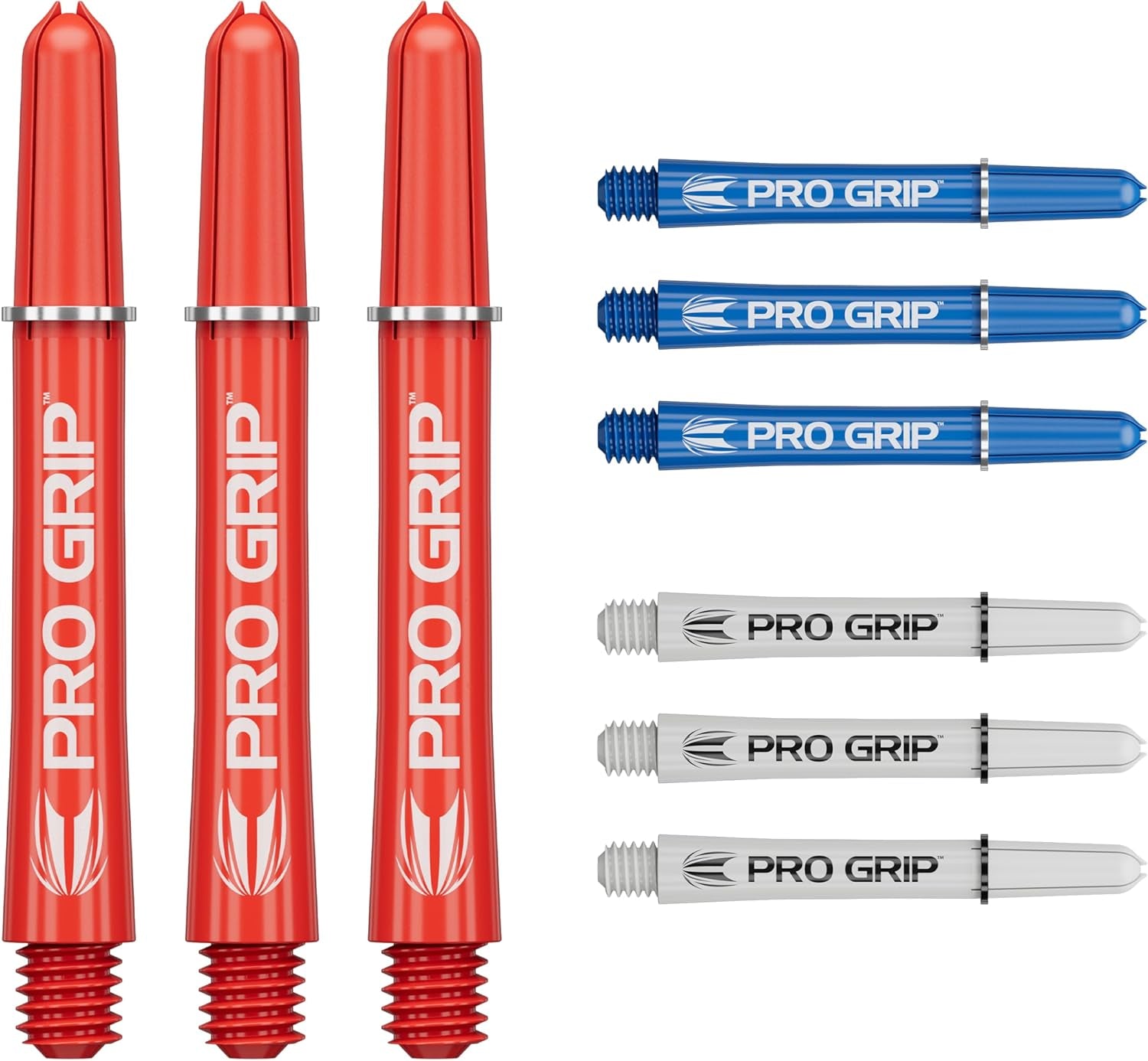 Pro Grip Shafts – Set of 9 | 3 Colours, Multicolour | 3 Size Options (Short, Intermediate, Medium) | Dart Stems, Professional Darts Accessories, 2BA Shaft Multipack with Rings