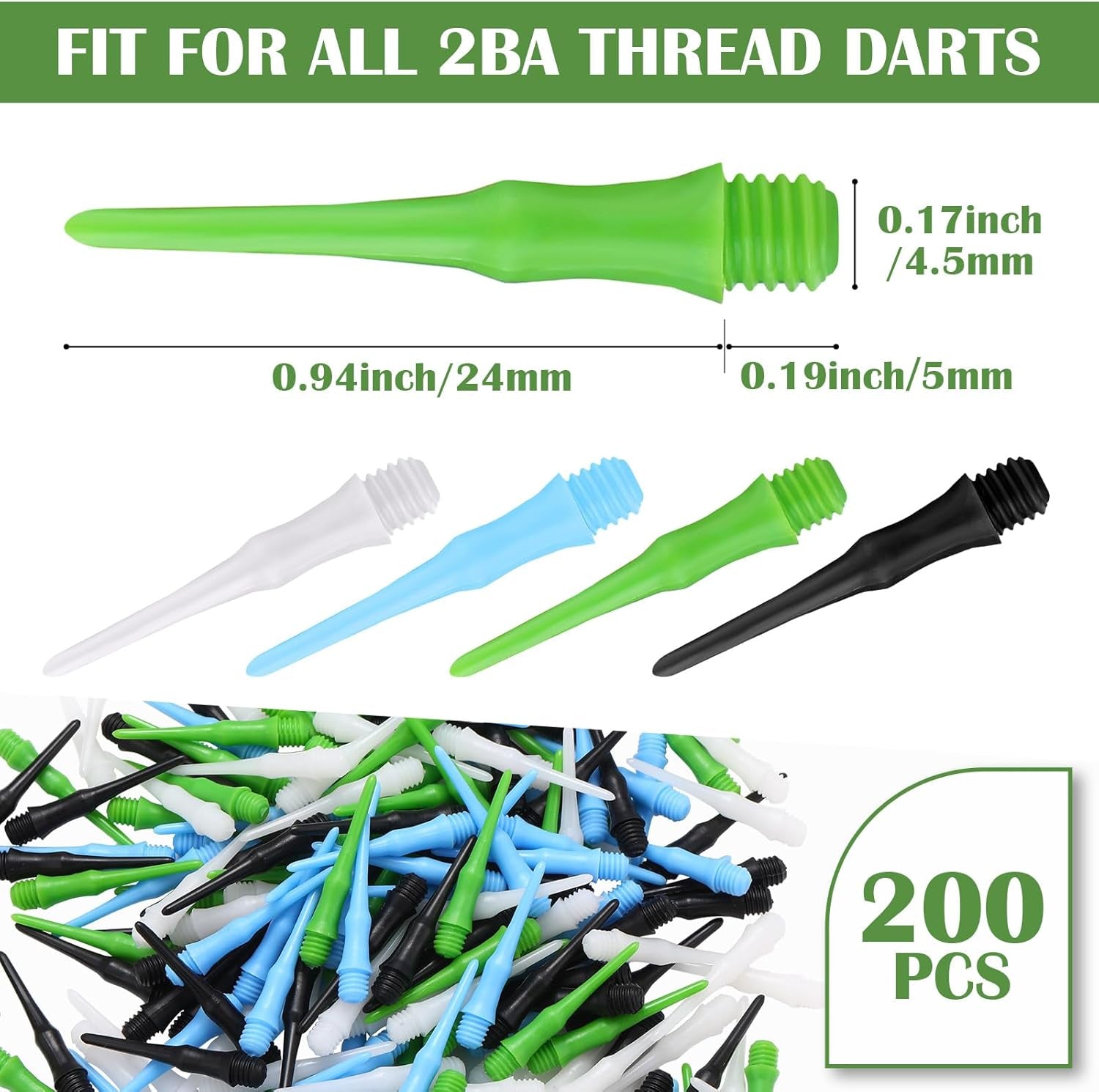200 Pack 2BA Thread Soft Tip Dart Points Plastic Replacement Dart Tips Soft Tip Dart Tips Dart Accessories for Tip Darts