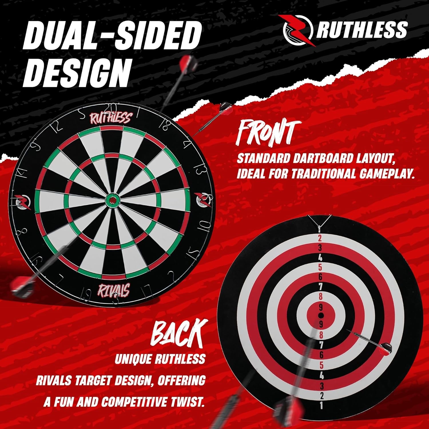 Rivals Family Dart Board Game | 18*1 Double Sided Dartboard Set Including 2 Sets of Darts (DB074)