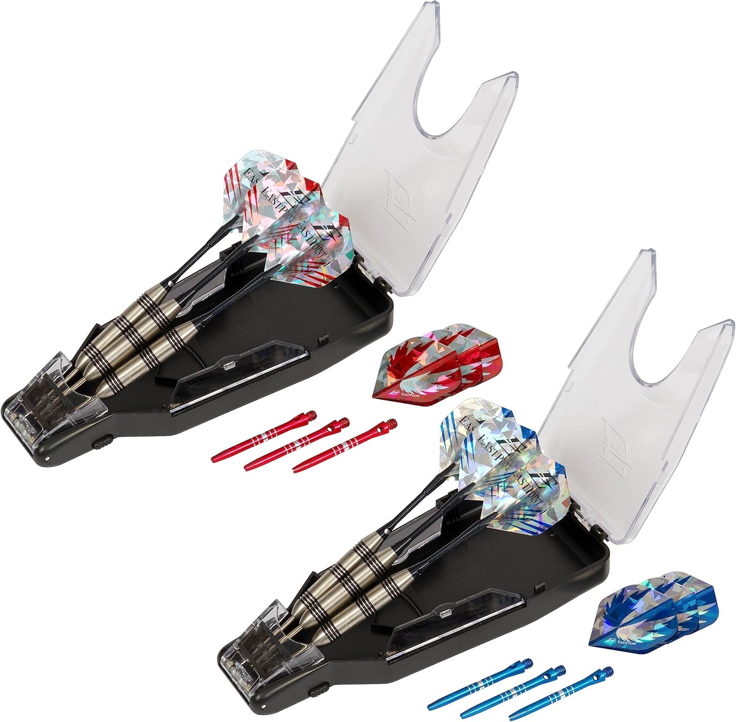 2-Player Steel Tip Dart Set - Includes 6 Steel-Tipped Pro Tournament Darts, 2 Pop-Open Storage Cases, 6 Aluminum Shafts, 6 Poly Shafts, & 12 Poly Flights