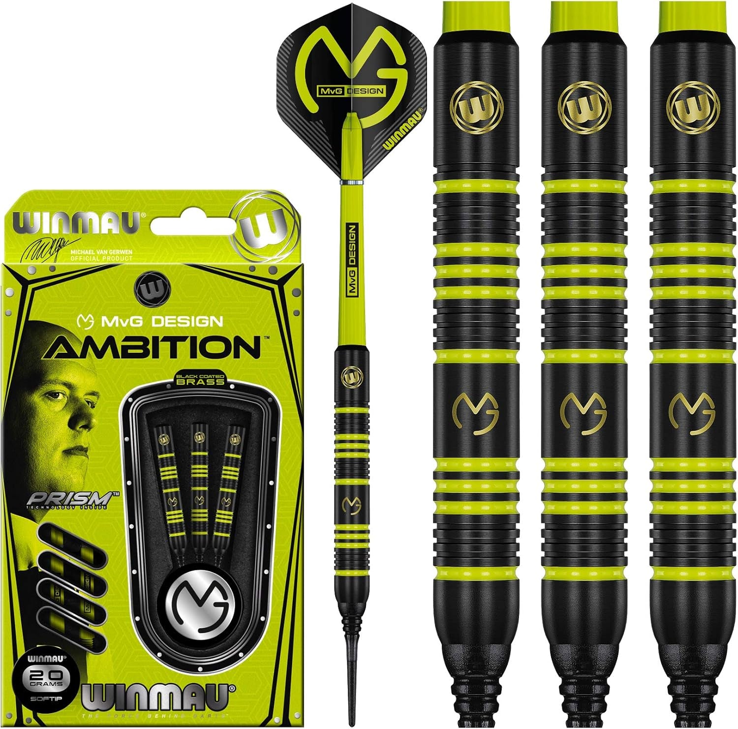 Michael Van Gerwen MvG Ambition Professional Brass Darts Set with Flights and Shafts Available in Steeltip and Softip