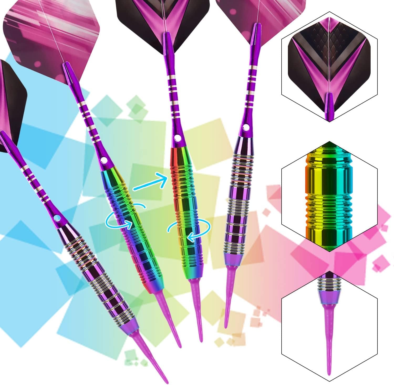 Soft Tip Darts Set 3 Aluminum Shaft Professional Darts Plastic Tip Sets 2BA Replacement Tips + Extra 3 Dart Flights 3 Replace Plastic Shafts for Electronic Dart Board