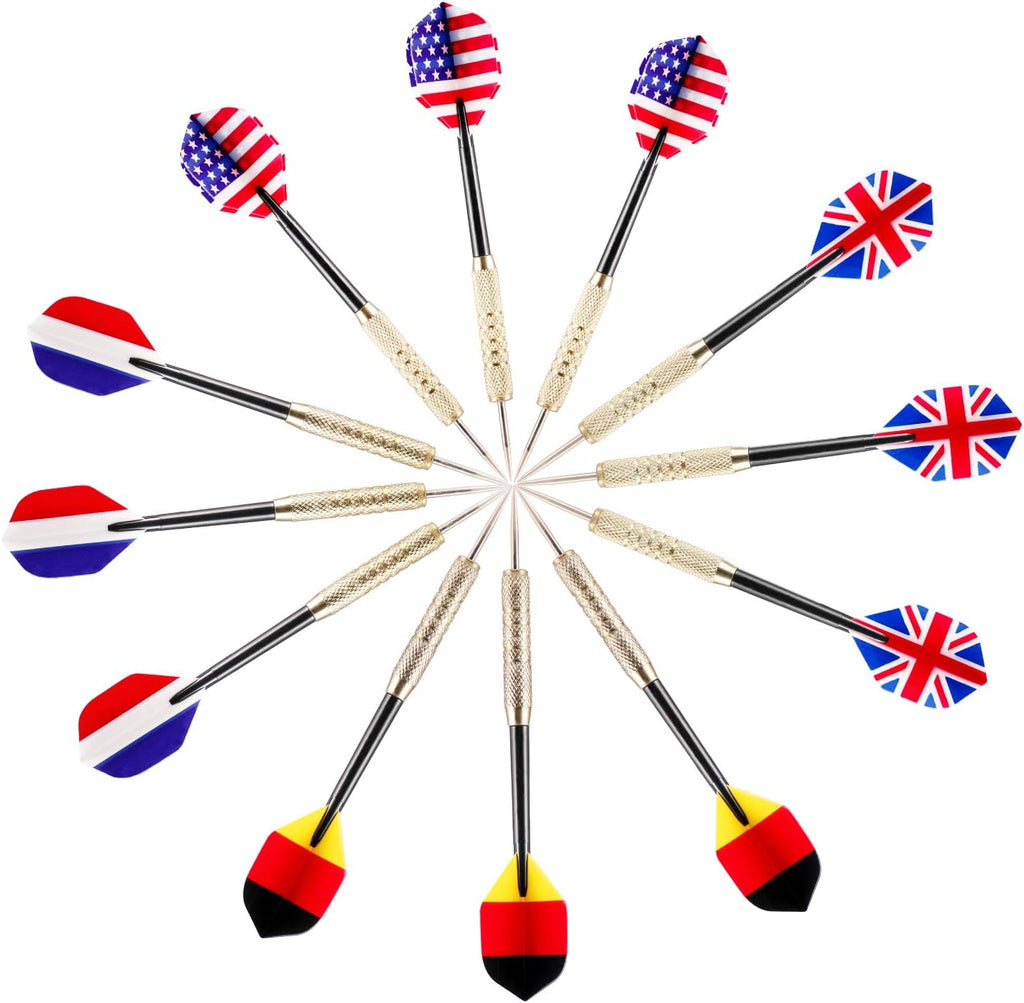 12 Pcs Steel Tip Darts, Professional 17g Metal Darts Set with 4 Style National Flag Flights and 3 Free PVC Darts Stems, Beginner or Professional Darts