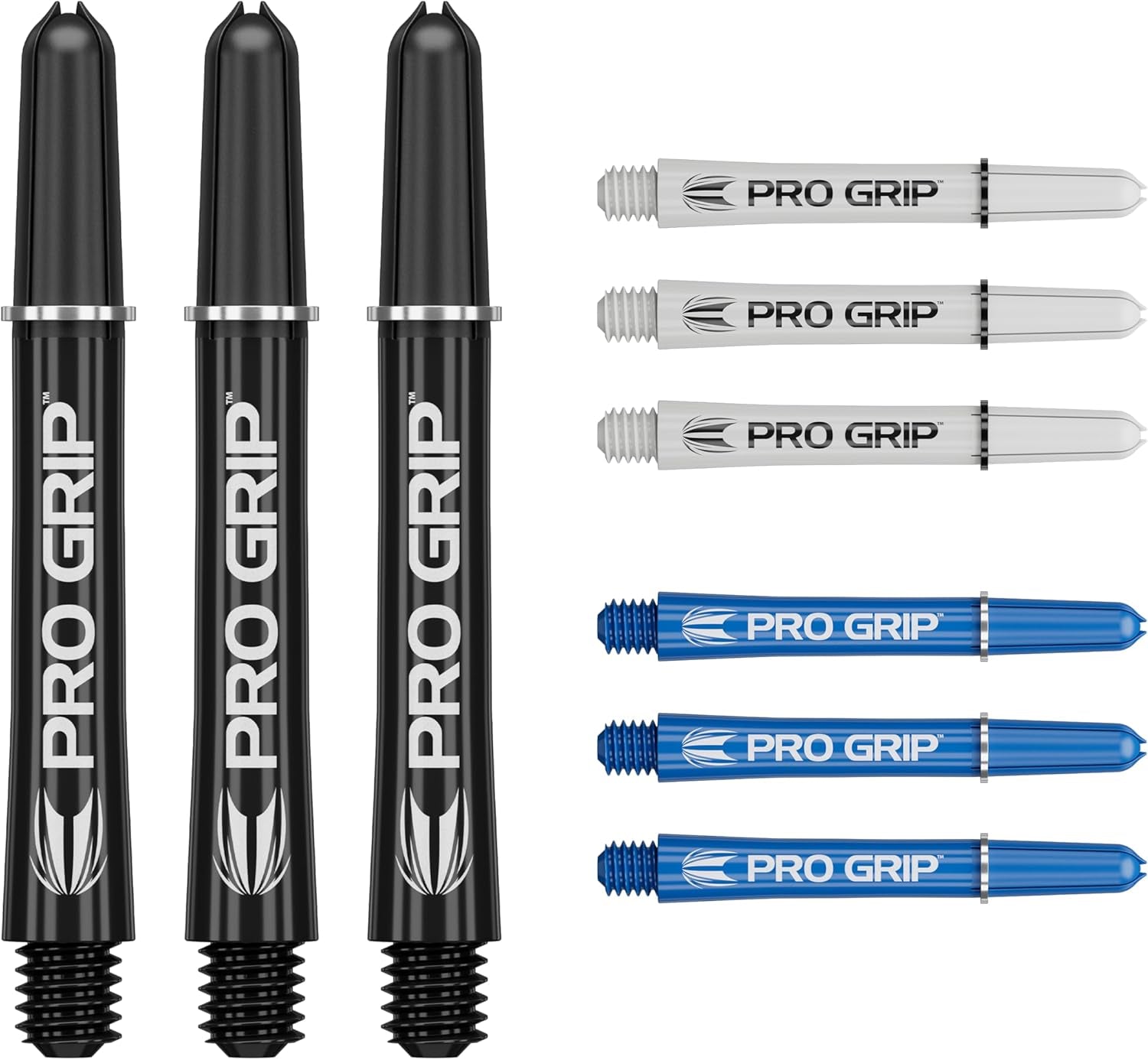 Pro Grip Shafts – Set of 9 | 3 Colours, Multicolour | 3 Size Options (Short, Intermediate, Medium) | Dart Stems, Professional Darts Accessories, 2BA Shaft Multipack with Rings