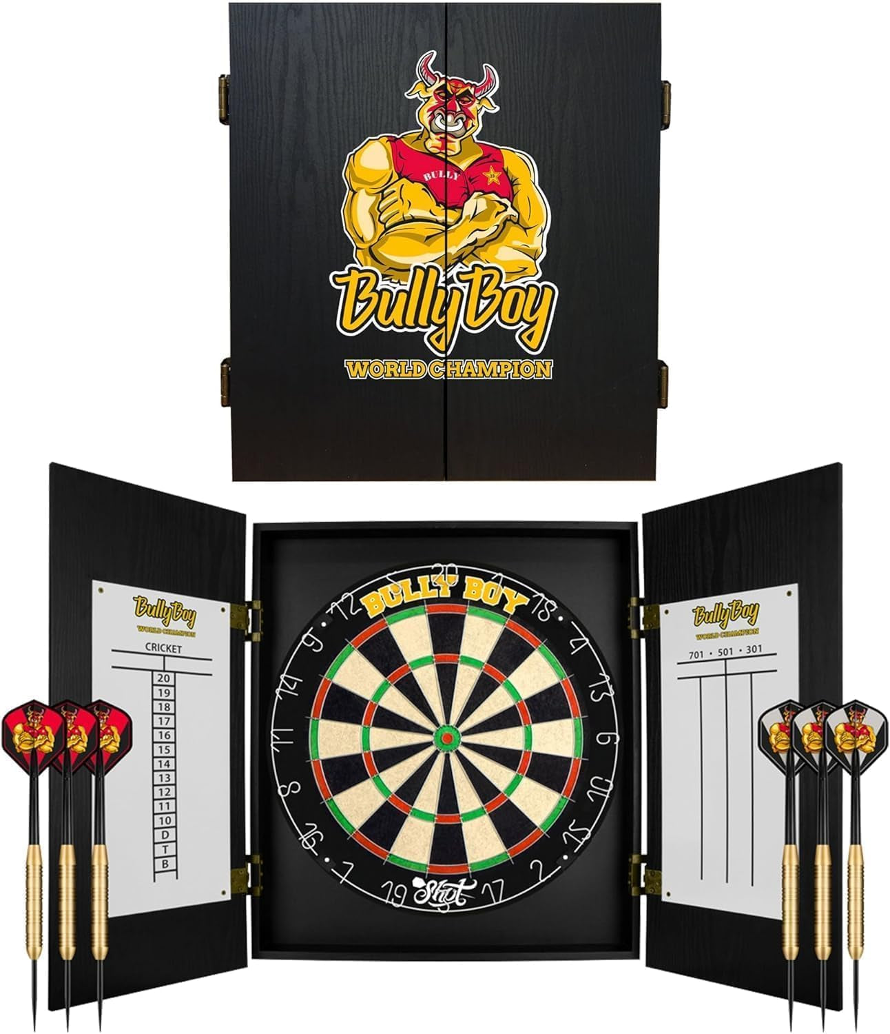 Shot Michael Smith Bully Boy World Champion Dartboard Cabinet Set Home Centre with Steel tip Darts