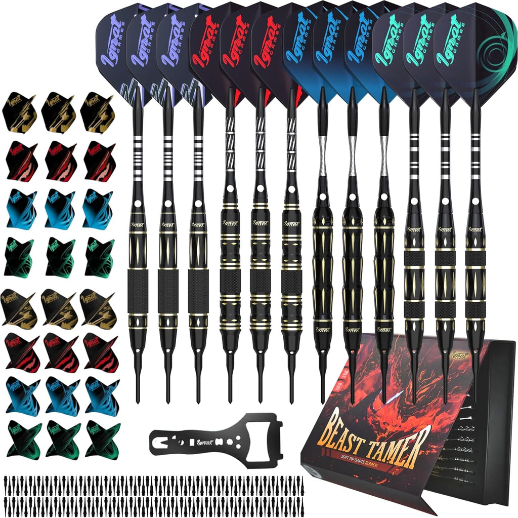Plastic Dart Tip Sets - Soft Tip Darts for Electronic Dartboards with Aluminium Shafts, 100 Dart Tips and 16 Flights (16 g Hound of Hades)