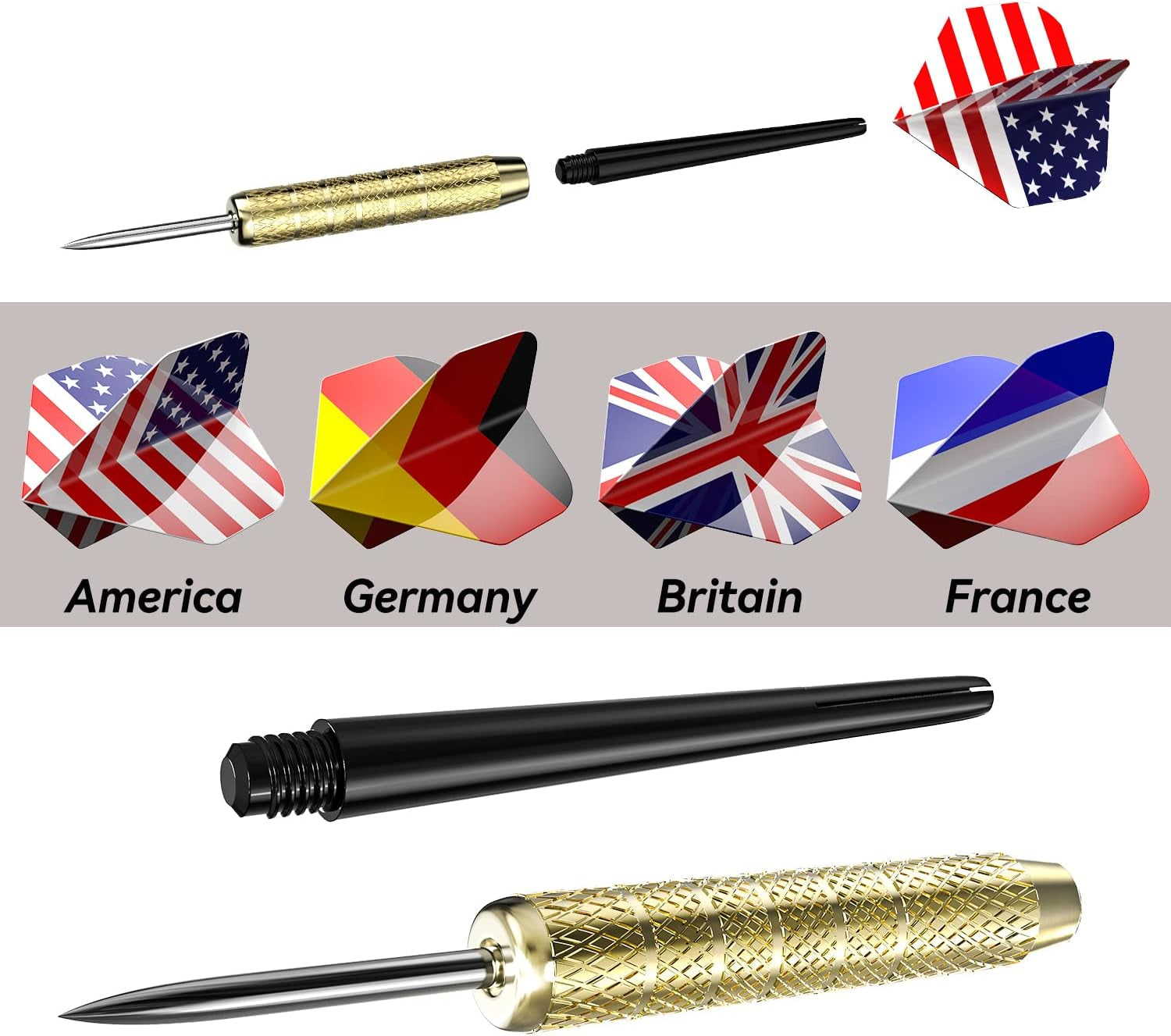 12 Pcs Steel Tip Darts, Professional 17g Metal Darts Set with 4 Style National Flag Flights and 3 Free PVC Darts Stems, Beginner or Professional Darts